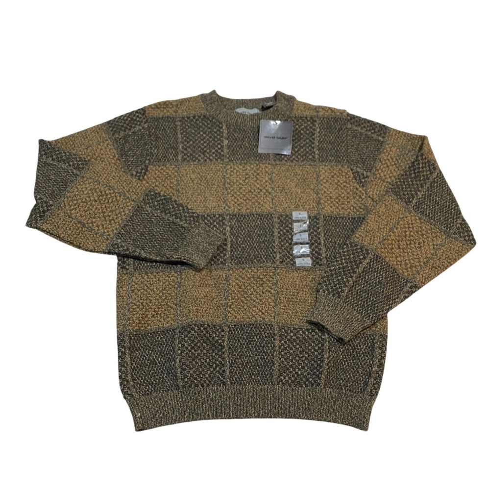 VTG David Taylor Mens Brown Tan Grid Knit Crewneck Sweater Small NWT Hand Framed